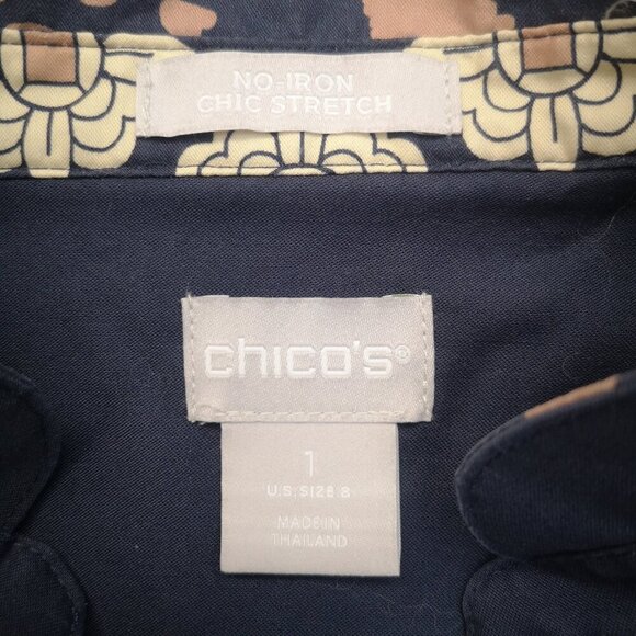Chico's No Iron Chic Stretch Ladies Size 1 (US - 8) Navy Tan Cream Long Shirt - Picture 3 of 13